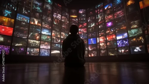 Contemplative Figure in a Chamber of Screens: Visual Immersion and Reflection