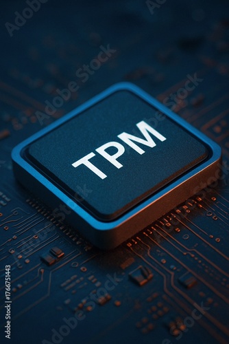 TPM security chip sits on blue circuit board with glowing copper traces under dramatic lighting highlighting its importance