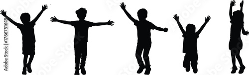 Children silhouettes jumping, kids playing outdoors, joyful childhood energy, active lifestyle concept, happy group fun, teamwork celebration, freedom expression,