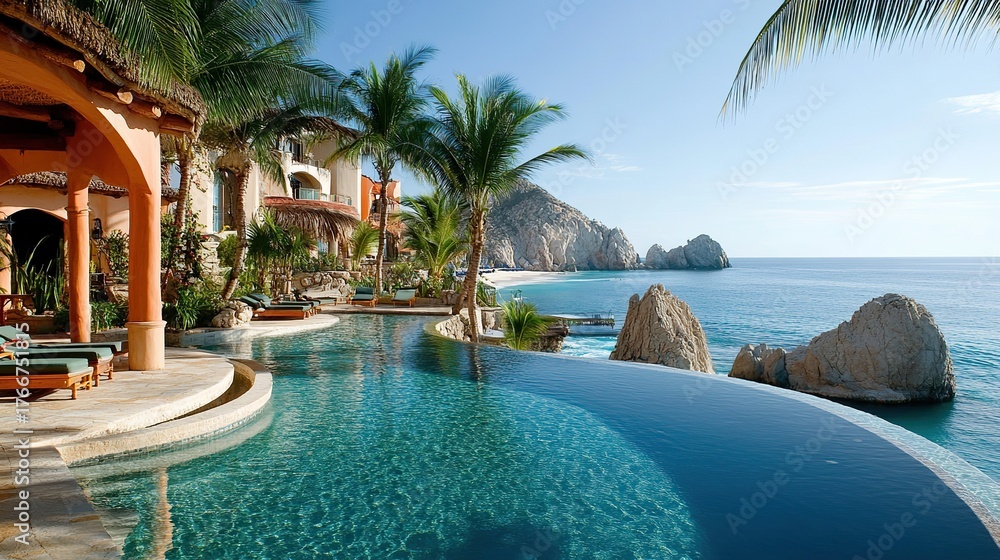 Fototapeta premium A luxurious oceanfront villa with a stunning infinity pool, palm trees, and rocky coastline under a clear blue sky.