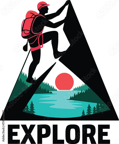 Hiking Explore Adventure Logo Design — Silhouette of Climber with Backpack on Mountain Peak Over Lake and Sunset, Outdoor Travel and Nature Exploration Vector Illustration.
