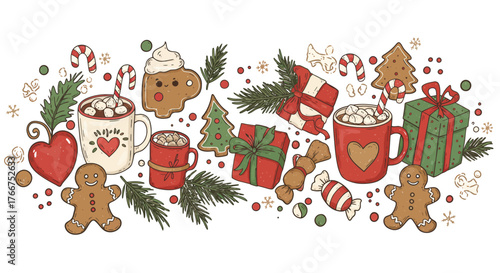 Festive Christmas illustration with gingerbread men, hot chocolate, gifts, and candy canes.