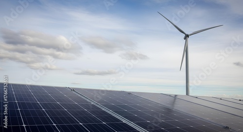 Wind Turbine Beside Solar Panels on a Cloudy Day