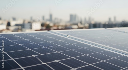 Close-Up of Solar Panels with City in Background