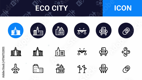 Illustration of eco city icons featuring buildings, vehicles, and transportation elements in a grid layout