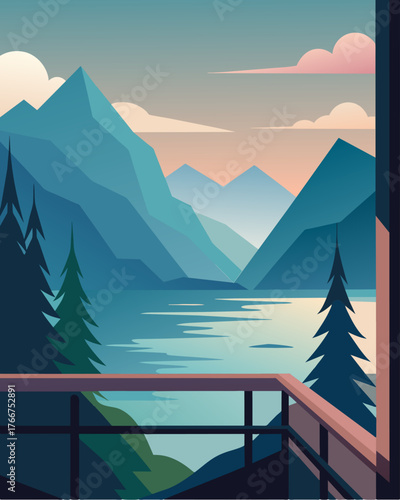 As the morning mist lifts I take a break and step out onto my balcony to enjoy the breathtaking view of the lake and mountains in the distance.. Vector illustration