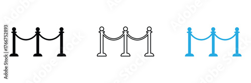 Professional stanchion rope barrier icons in black, outline, and blue. Perfect for VIP access, event management, and crowd control applications. Elevate your designs.