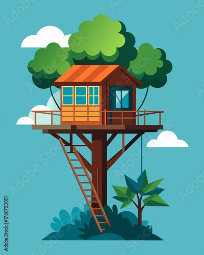 A treehouse with a wraparound balcony allowing a freelancer to switch up their workspace and soak in different views throughout the day.. Vector illustration