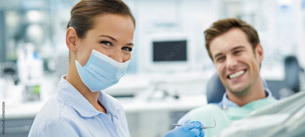 Obraz premium The Dentist Smiling While Preparing to Examine a Happy Patient in Clinic