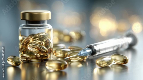 The display shows omega 3 golden capsules and a syringe, highlighting their significance in health improvement and supplementation