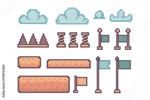 Pixel art game environment assets including clouds platforms and flags