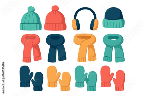 Assortment of colorful knitted winter hats scarves and mittens