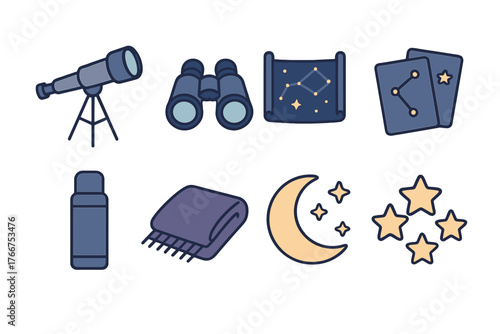 Set of astronomy observation tools and night sky celestial body icons