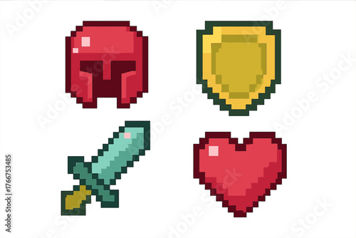 Pixelated adventure game icons set featuring helmet, sword, shield, and health heart