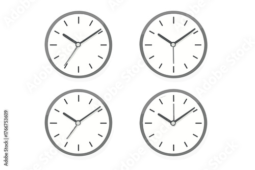 Four analog wall clocks displaying various times on white background