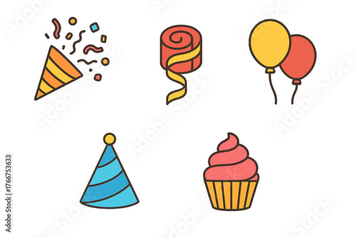 Colorful icons for party celebration featuring confetti, streamer, balloons, hat, and cupcake