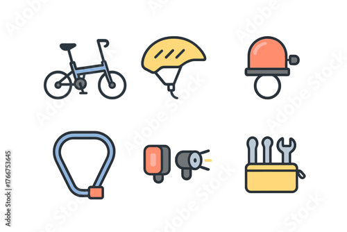 Essential bicycle accessories and maintenance tools icon set