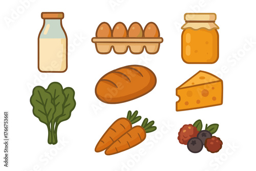 Set of essential grocery food icons featuring dairy produce grains and fruit