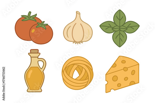 Set of essential Italian cooking ingredients icons for pasta preparation