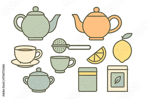 Stylized icons for tea preparation and serving accessories