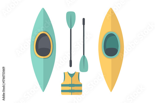 Two kayaks paddles and life vest set for water sport adventure