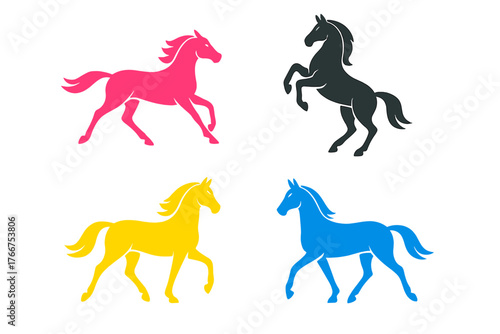 Four stylized horse silhouettes in various dynamic poses