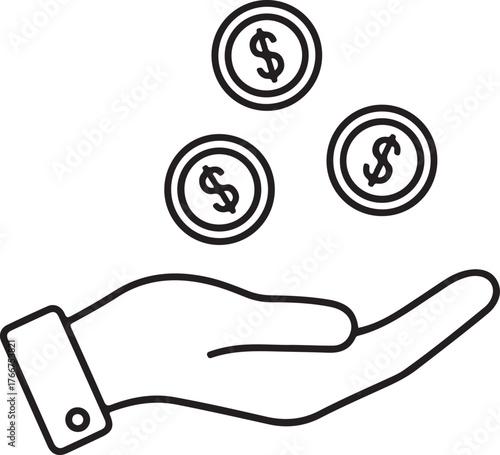 Hand holding falling coins icon for financial success and wealth accumulation