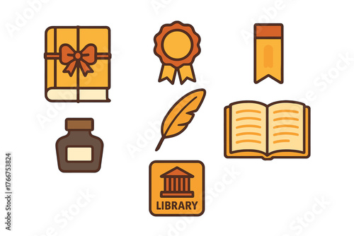 Set of orange and brown icons for education and literature concepts