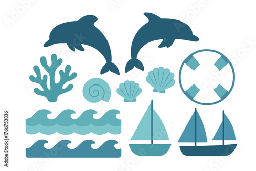 Stylized marine life and nautical elements in various blue tones
