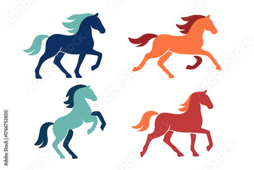 Set of four stylized running and rearing horse silhouettes in contrasting colors