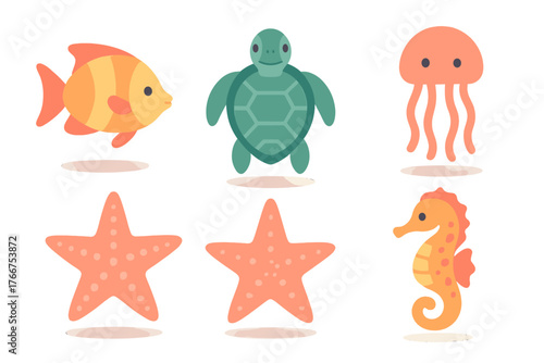 Set of cute cartoon sea creatures including fish, turtle, jellyfish, starfish, and seahorse