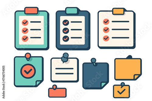 Set of checklist and sticky note icons for task management and planning