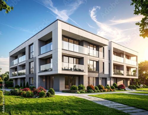 New modern block of flat, condo architecture. Residential apartment flat, luxury house complex. City real estate property