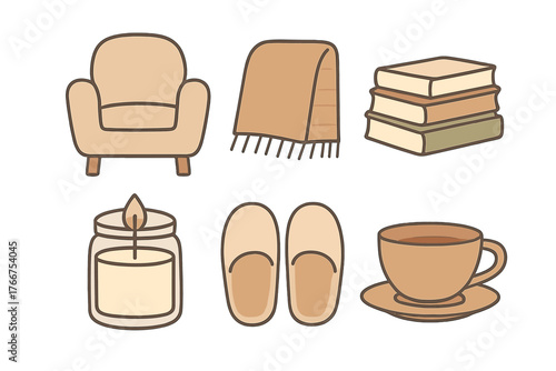 Set of six simple objects symbolizing home comfort and relaxation in muted colors