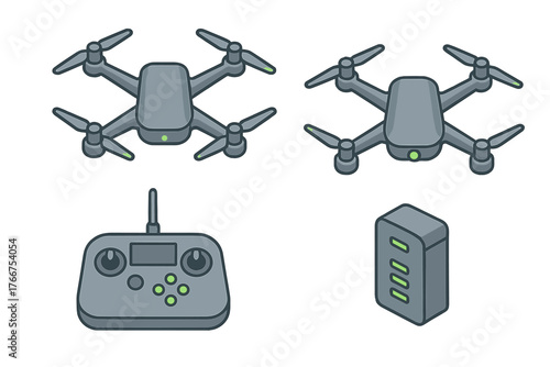 Isometric drone quadcopter remote controller and battery pack components