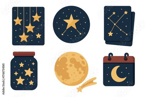 Set of stylized icons depicting various celestial night sky elements and astronomy themes