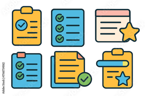 Colorful icons for checklist task management and rating symbols