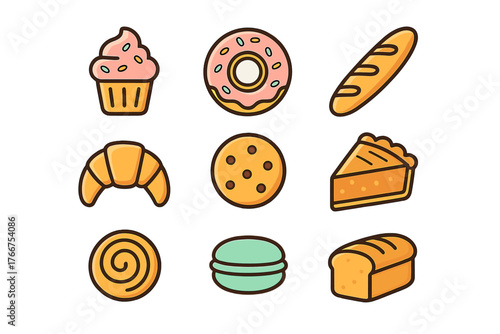 Set of sweet and savory baked goods symbols in minimalist flat design