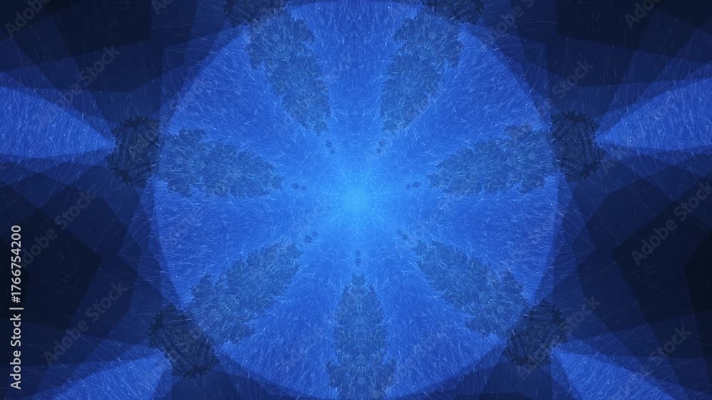 Abstract blue kaleidoscopic circular pattern with symmetrical motion and glowing light center