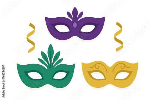 Set of three stylized carnival masquerade masks with festive streamers