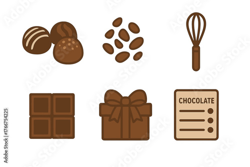 Various chocolate icons: truffles, bar, cocoa beans, gift box, and kitchen utensil
