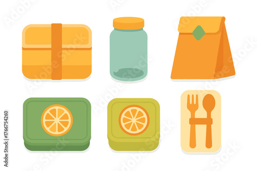 Reusable food storage containers and meal packing accessories icons set