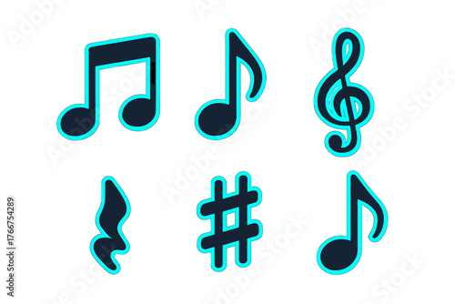 Dark musical symbols with vibrant cyan outline accents