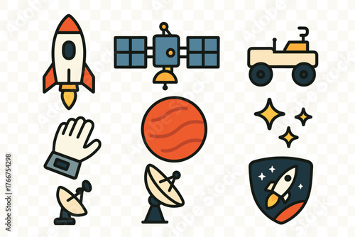 Set of space exploration icons featuring rocket, satellite, rover, and planet