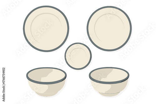 Cream ceramic dinner plates and bowls with dark contrasting rim detail