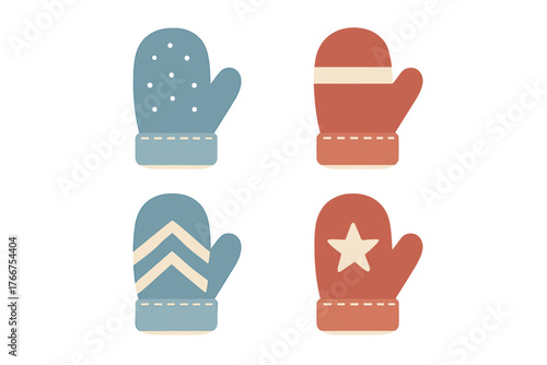 Four colorful winter mittens icons with simple decorative patterns