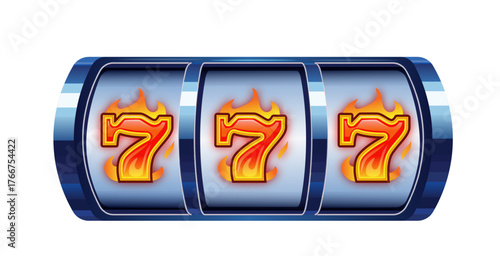 Slot machine reel with three flaming sevens, symbolizing jackpot and casino win. Bright and glossy vector illustration.