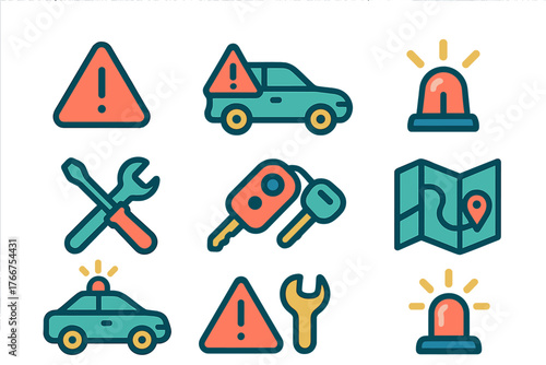 Roadside assistance and vehicle maintenance icon set with warning signs, tools, and emergency lights