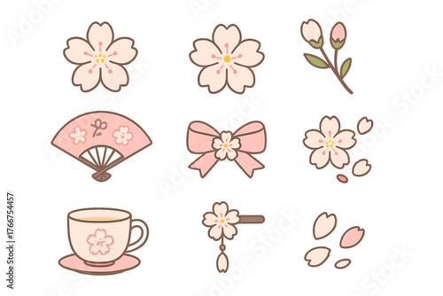Adorable pink cherry blossom elements including flowers, buds, fan, bow, and teacup