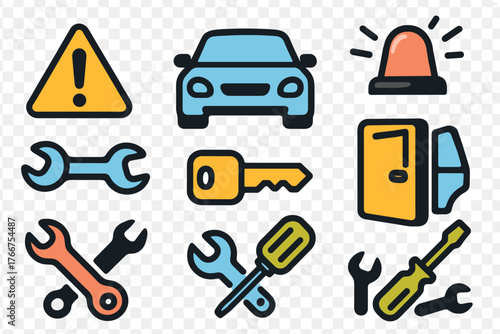 Essential automotive repair tools, vehicle maintenance symbols, and roadside assistance icons set